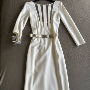 Philipp Plein White Long Sleeve Dress with Belt